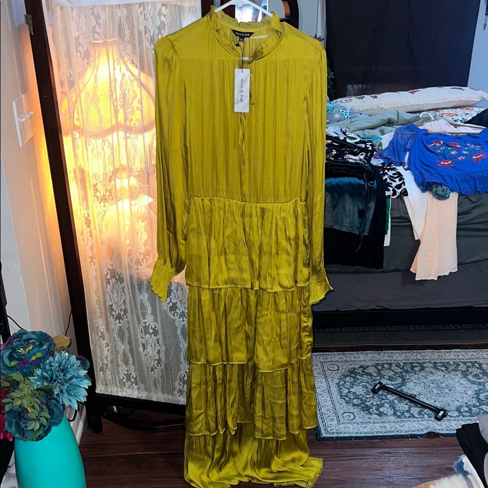 Long Sleeve Tiered Maxi Dress in Chartreuse
